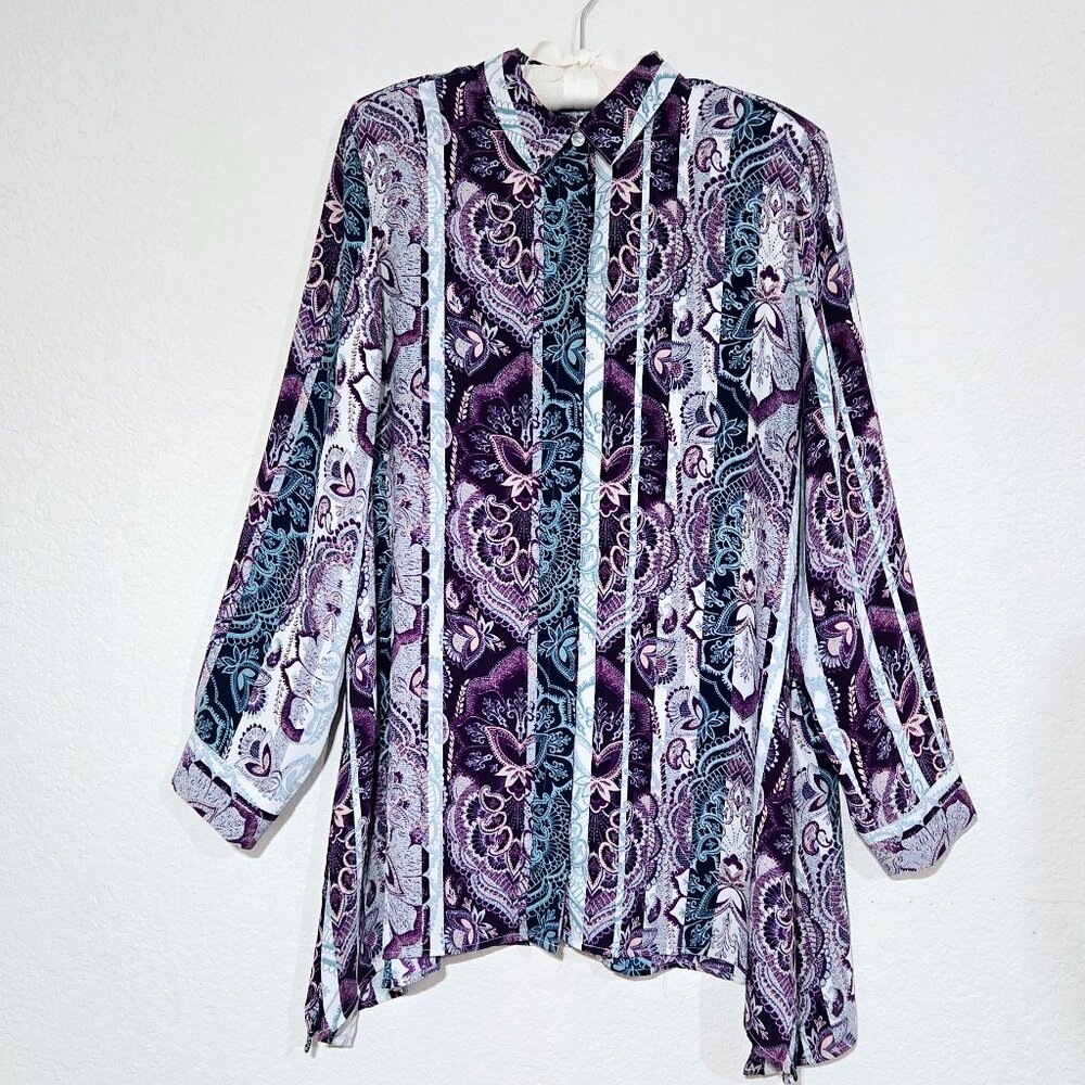 Chico's Button Up Blouse Purple Paisley Tunic Shark Bite Oversized*